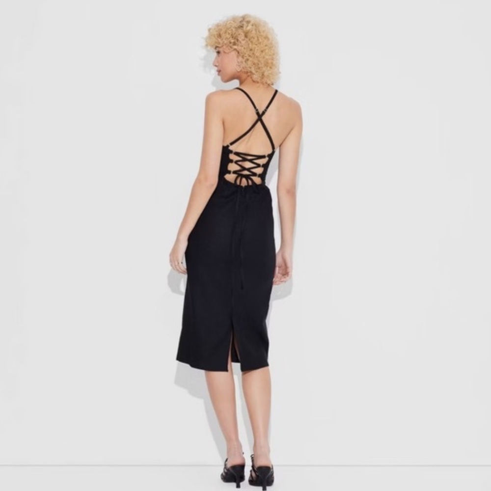Wild Fable Black Linen Lace Back  Sheath Dress